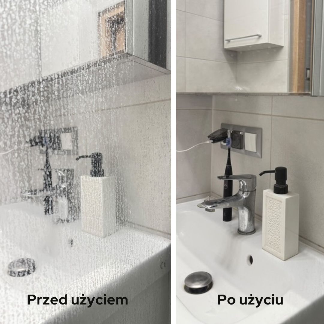 Efekt po użyciu "Pożegnaj zacieki i kamień" na kabinie prysznicowej