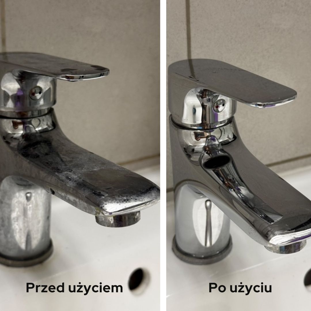 Przed i po użyciu "Pożegnaj zacieki i kamień" kran w łazience